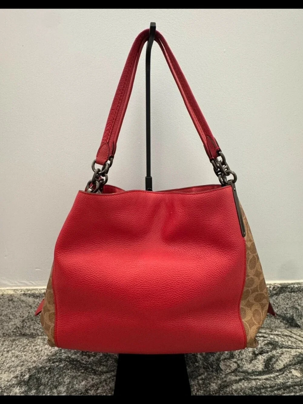 Coach Dalton 31 Red Pebbled Leather Shoulder Bag with Patterned Canvas Sides EUC